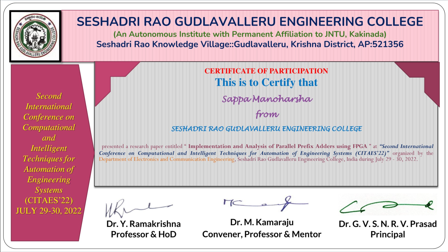 Best Paper Award Certificate